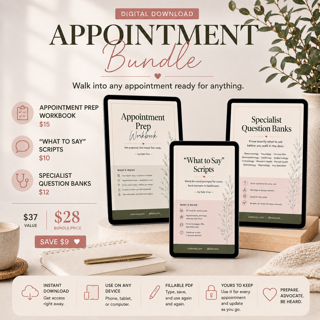 Appointment Bundle by Kale Vine, showing three digital products: Appointment Prep Workbook, What to Say Scripts, and Specialist Question Banks