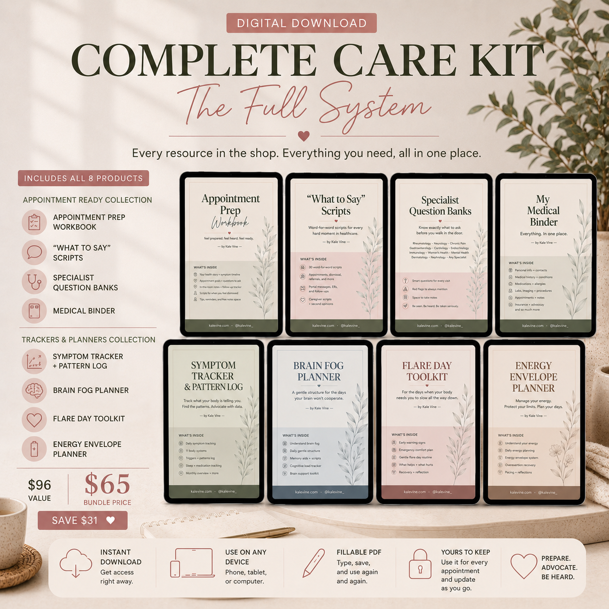 Complete Care Kit by Kale Vine, the full system showing all 8 digital products for navigating chronic illness